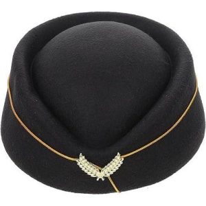 Black stewardess cap with gold cord and laurel emblem.