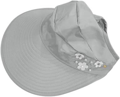 Gray sun visor hat with wide brim and decorative white flower embellishments.