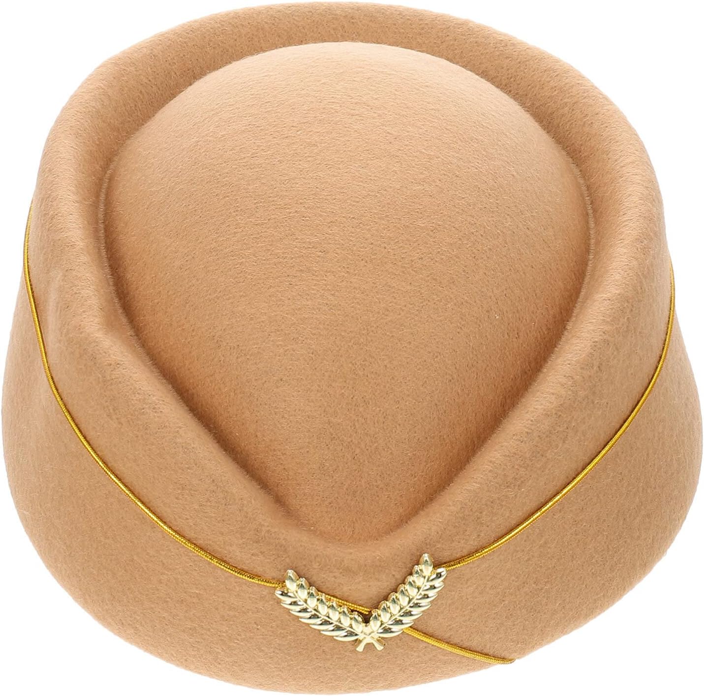 Tan stewardess cap with gold cord and laurel emblem.