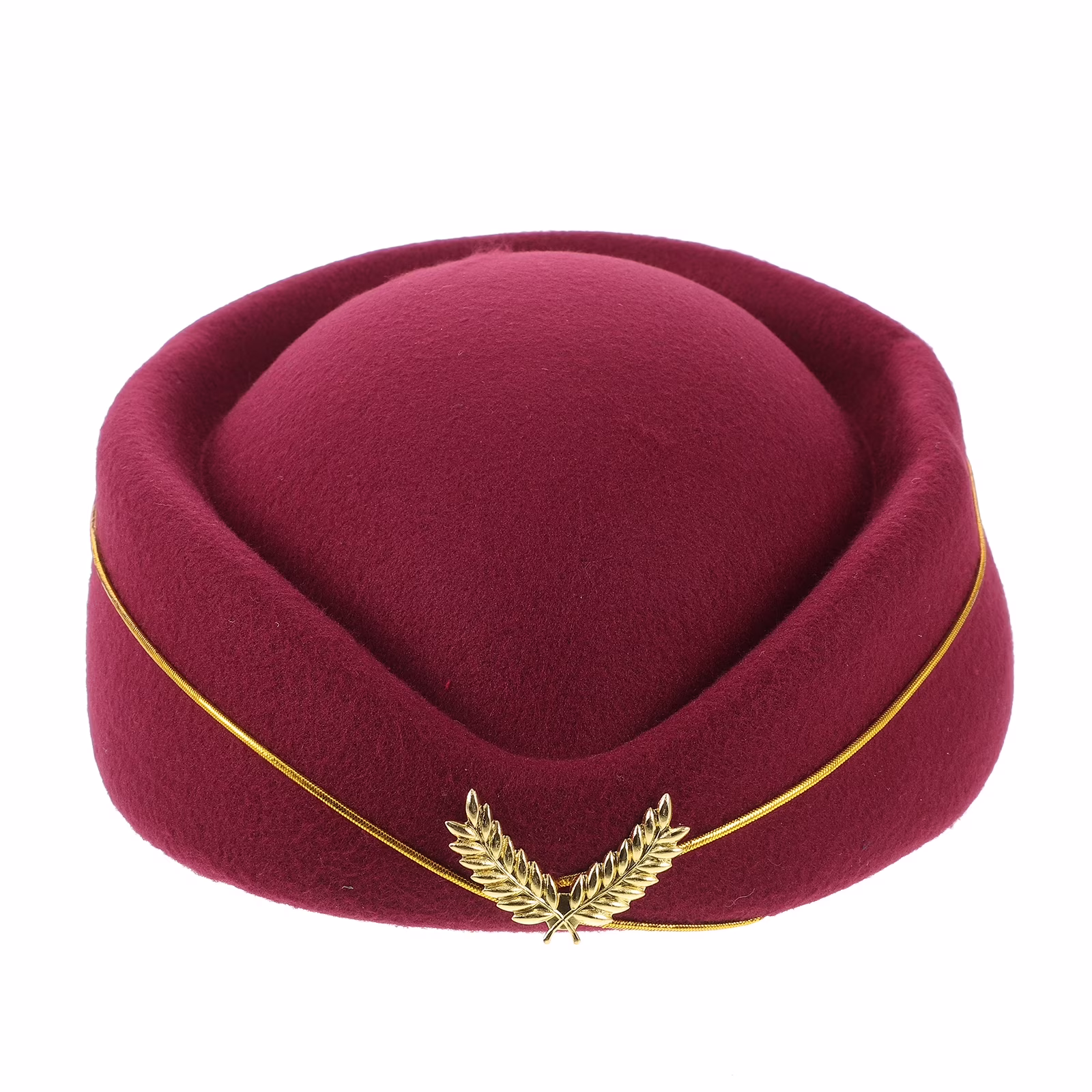 Maroon stewardess cap with gold cord and laurel emblem.