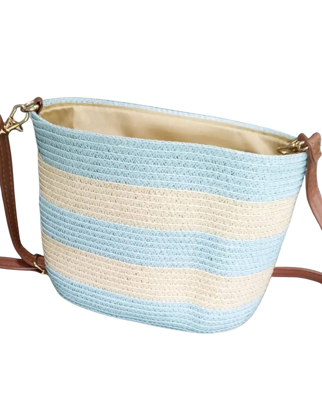 Beach bag with light blue and beige woven stripes and matching hat.