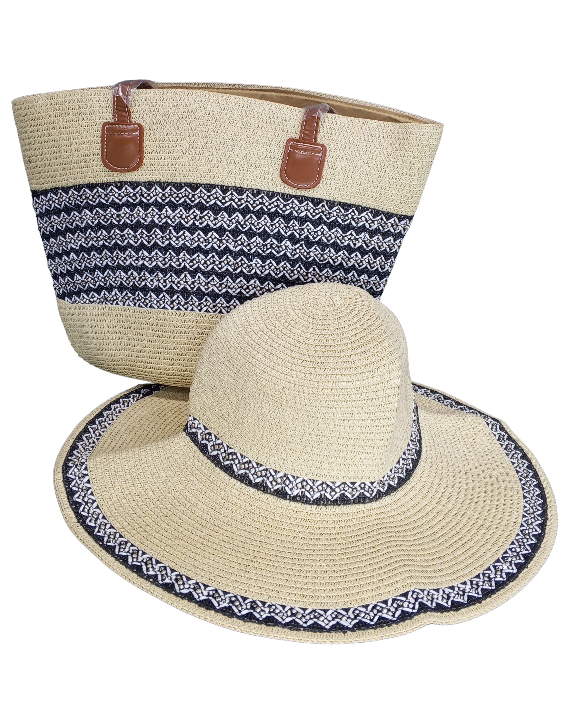 Beach bag with beige base and black & white zigzag patterned trim.