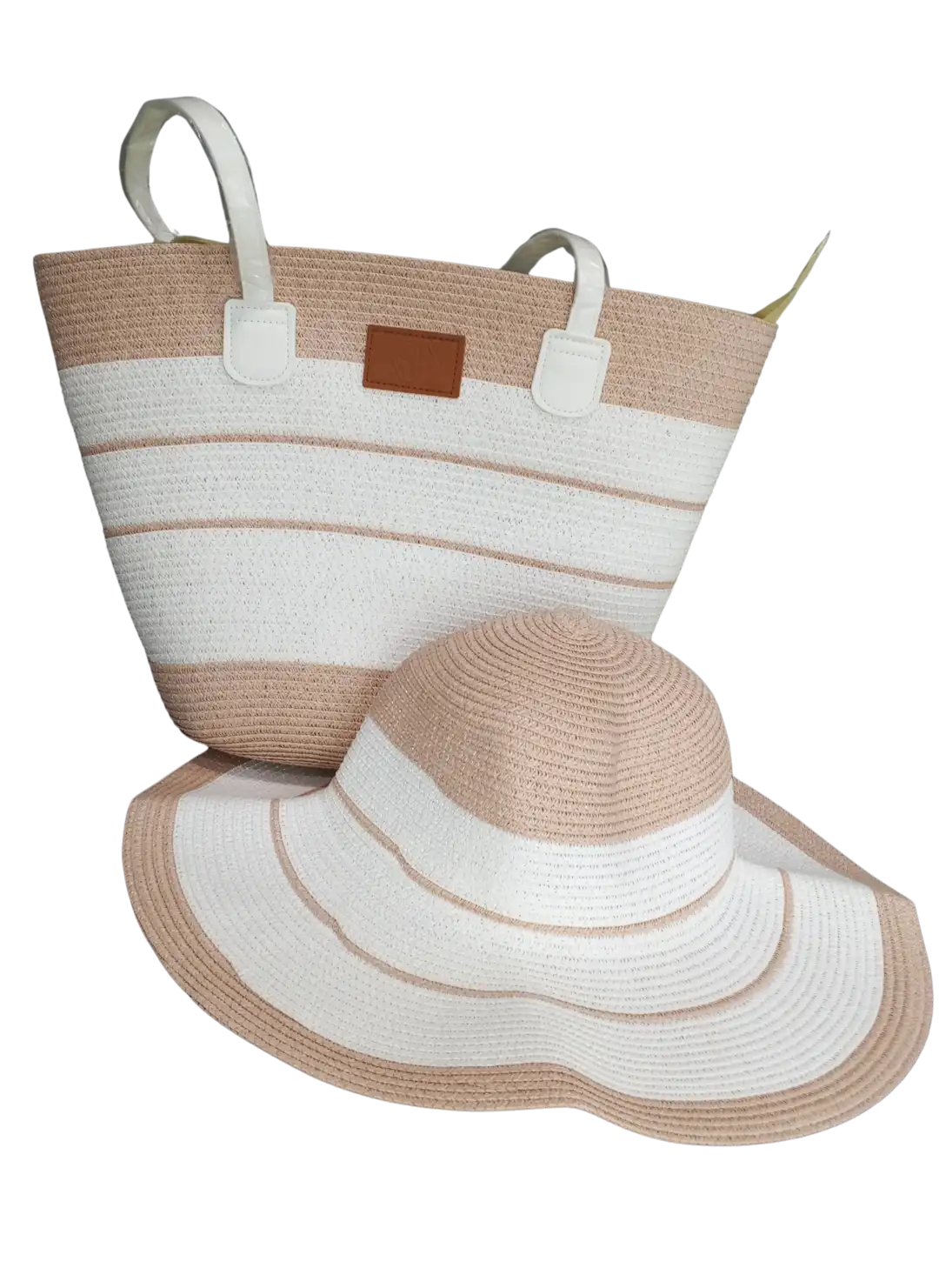 Beach bag with beige and white woven stripes and matching hat.