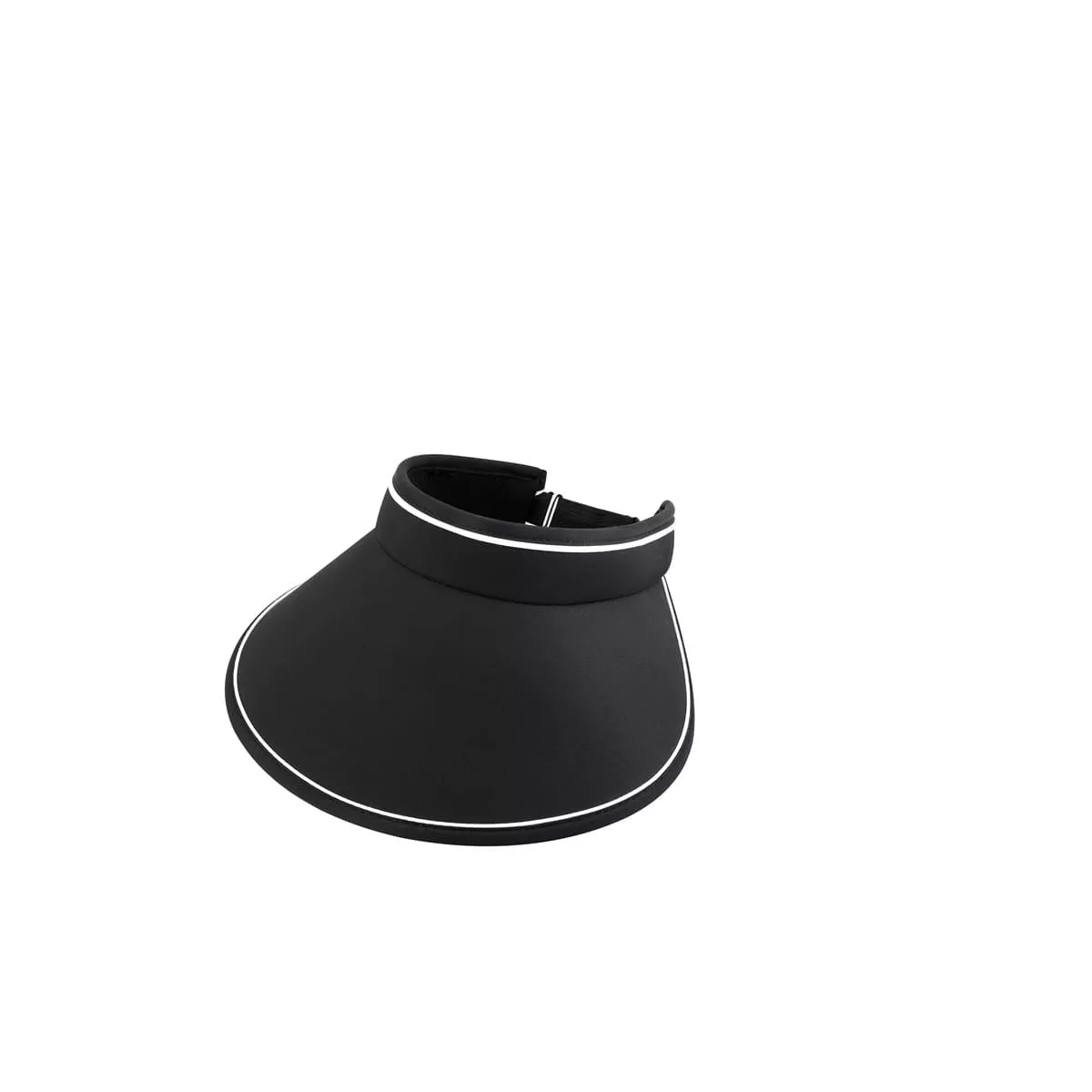Black woven sun visor hat with wide brim, white trim, and adjustable strap.