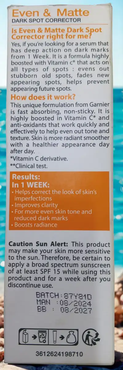 Garnier SkinActive Even & Matte Vitamin C Dark Spot Corrector. Garnier SkinActive Even & Matte Vitamin C Dark Spot Corrector.