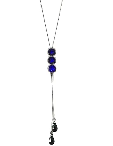 Silver chain necklace with vertical pendant of four deep purple gemstones and pearl drops.