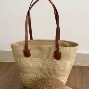 straw beach bag with decorative textured patterns and matching hat.