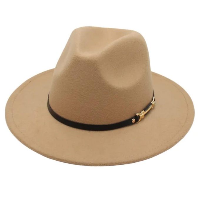Tan wide‑brim fedora hat with pinched crown and thin black band with gold buckle.