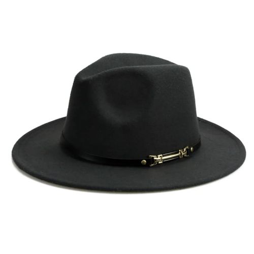 Black wide‑brim fedora hat with pinched crown and black band with gold clasp.