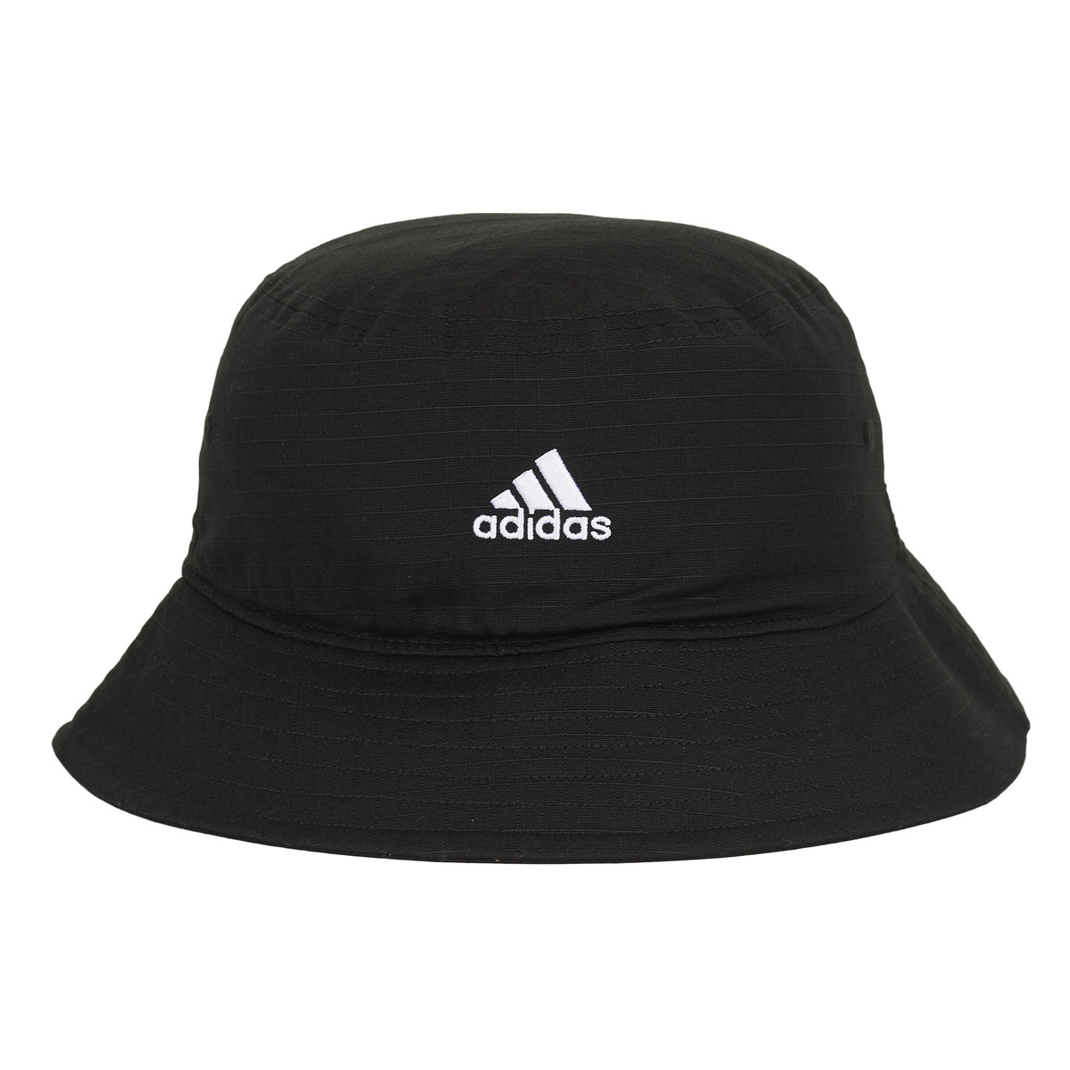 Black Adidas bucket hat with white embroidered logo.