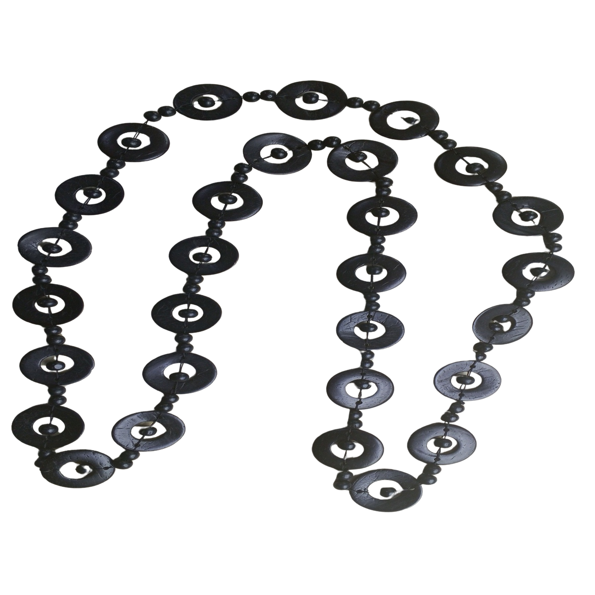 Bohemian necklace with black wooden beads and coconut shell accents.