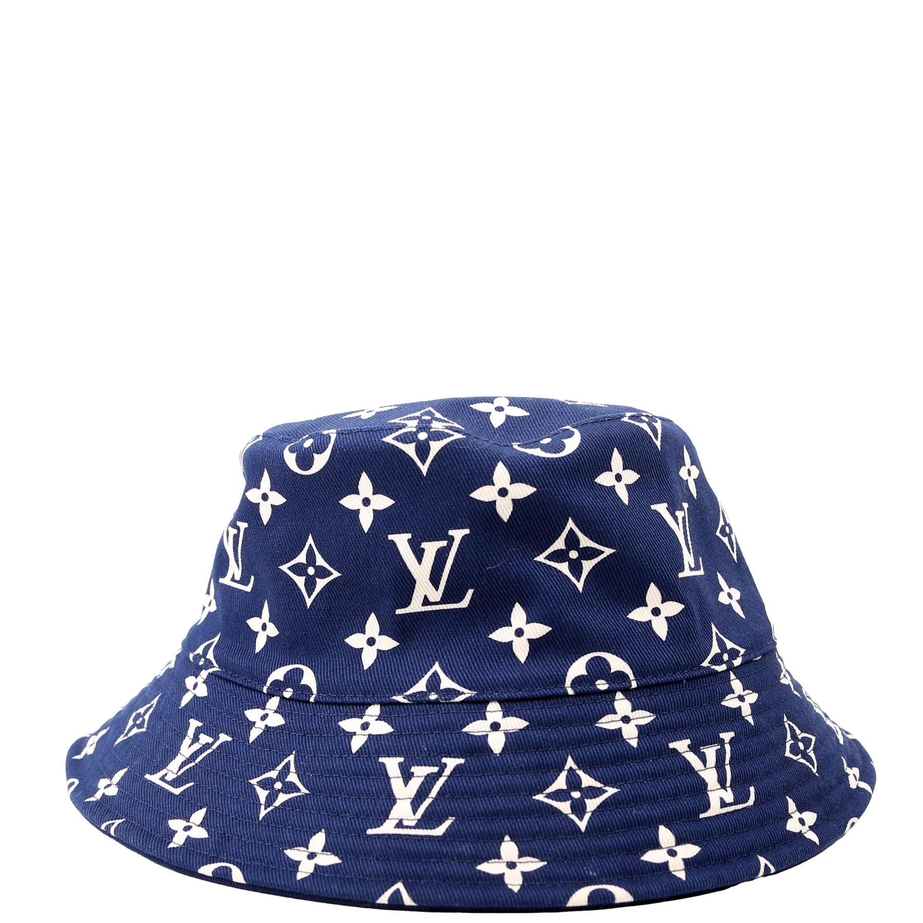 Blue Louis Vuitton bucket hat with white monogram pattern.