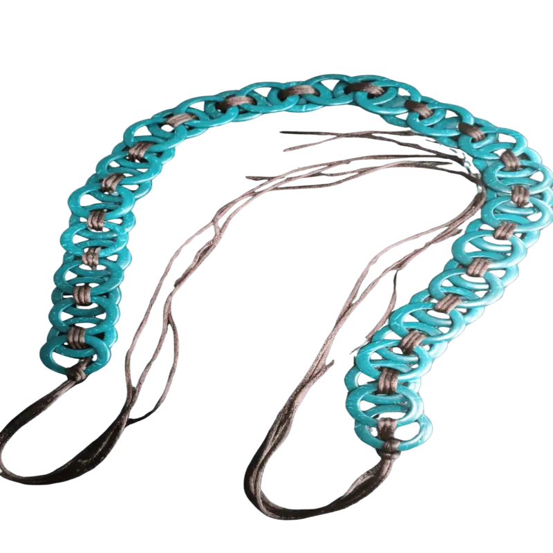 Handmade African belt with turquoise blue wooden rings and cord ties.