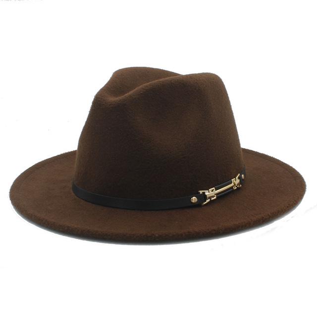 Brown wide‑brim fedora hat with pinched crown and black band with gold hardware.