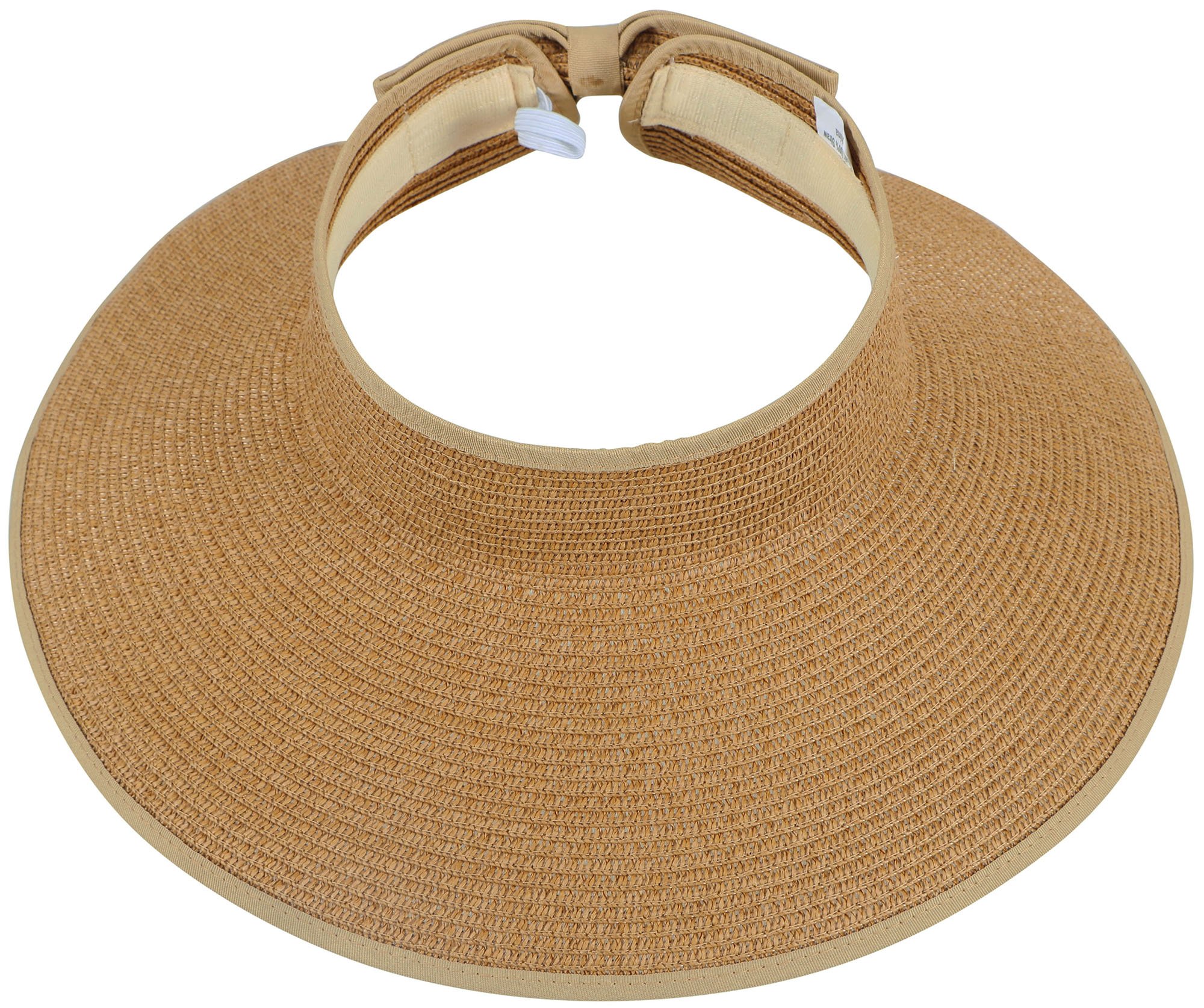 Tan woven straw sun visor hat with beige trim and adjustable strap.