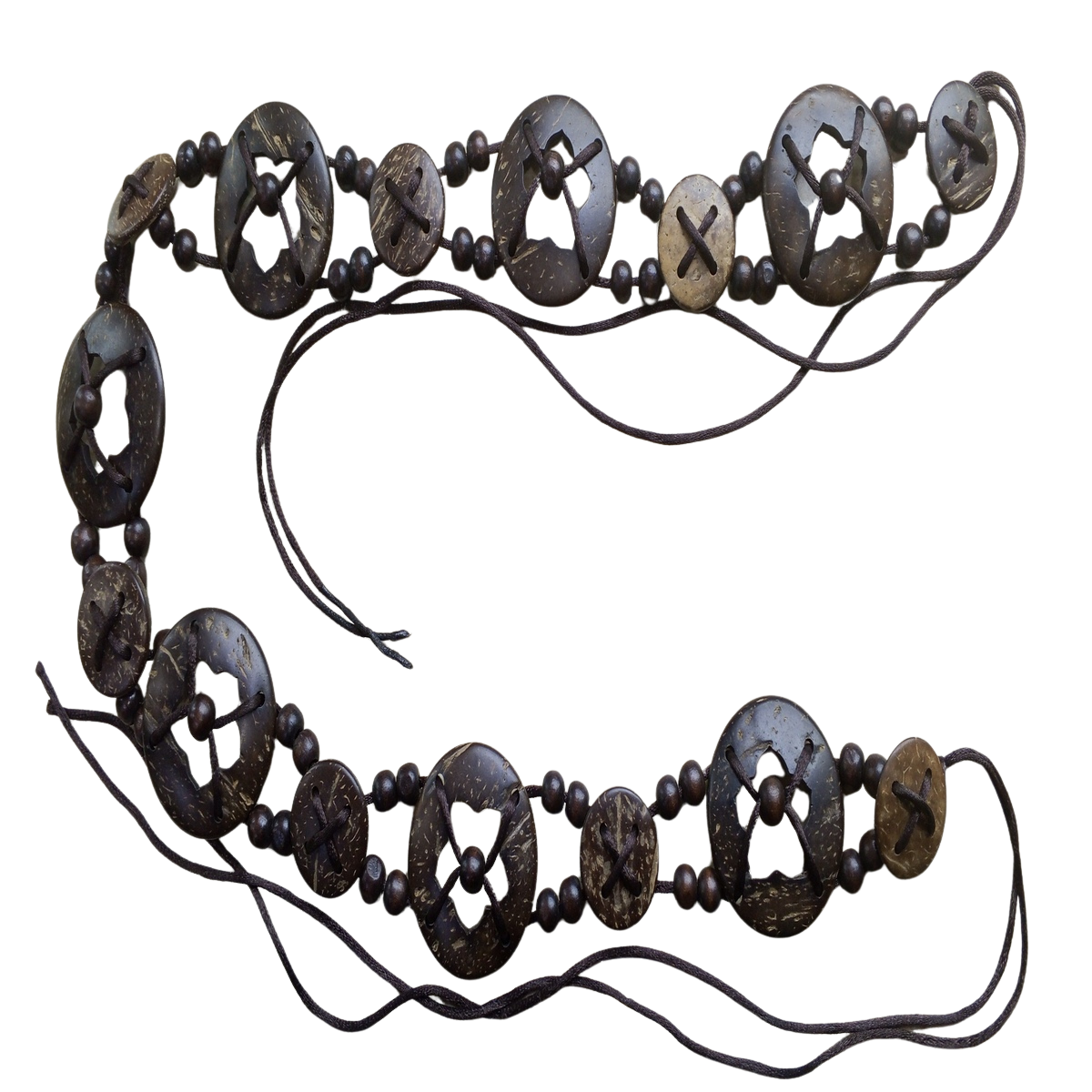 Bohemian necklace with brown wooden beads and coconut shell accents.