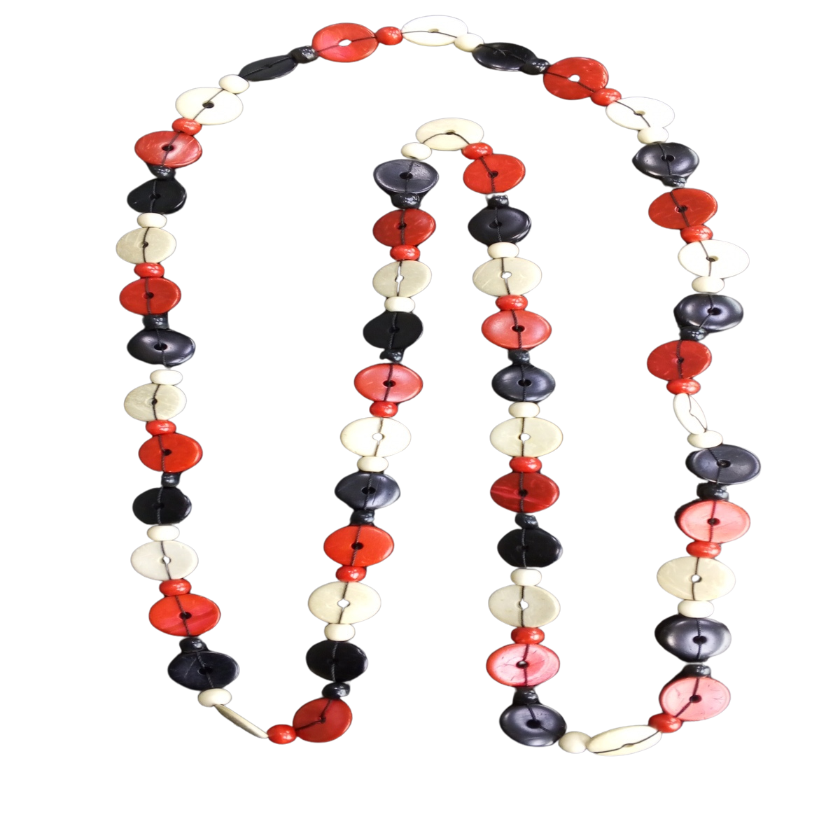 Handmade necklace with mixed red wooden beads and coconut shell accents.