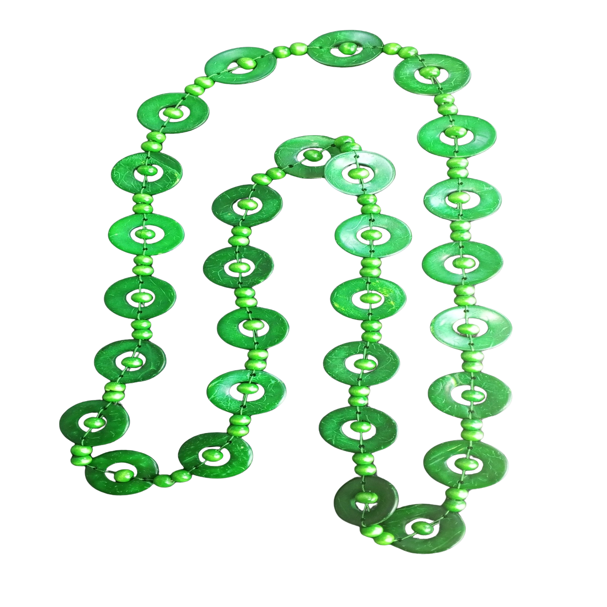 Handcrafted necklace with green wooden beads and coconut shell accents.