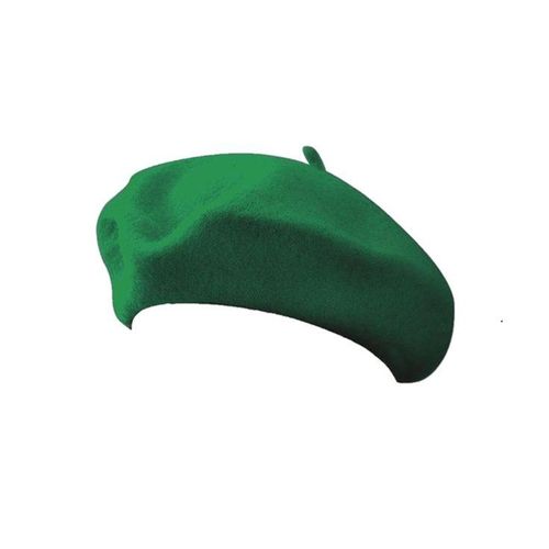 Green wool beret hat with soft crown.