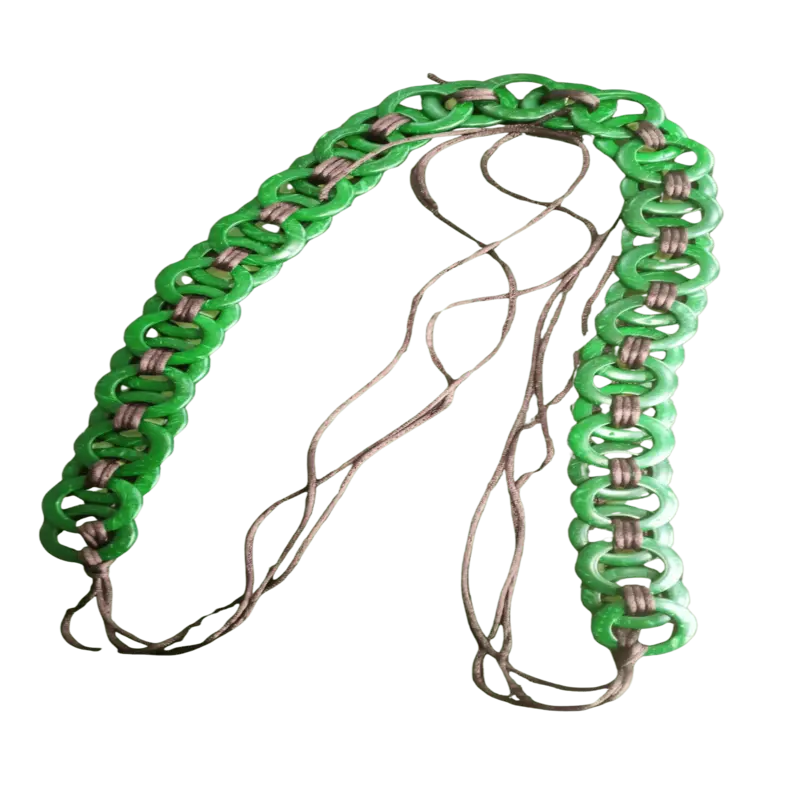 Handcrafted African belt with green wooden rings and cord ties.