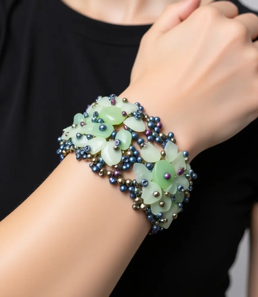 Green crystal bracelet with iridescent purple‑blue accents.
