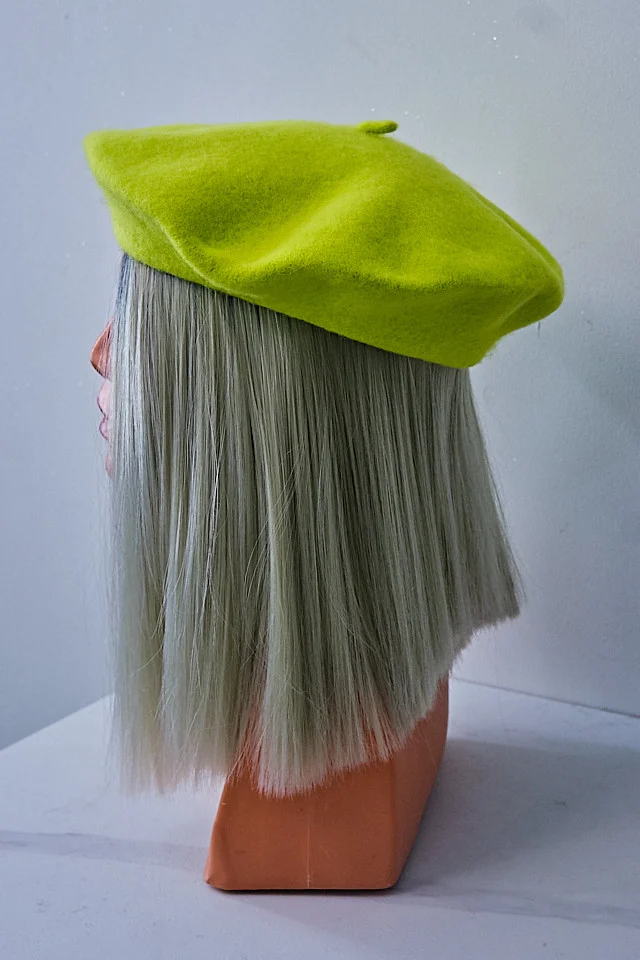 Lime green wool beret hat with soft crown.