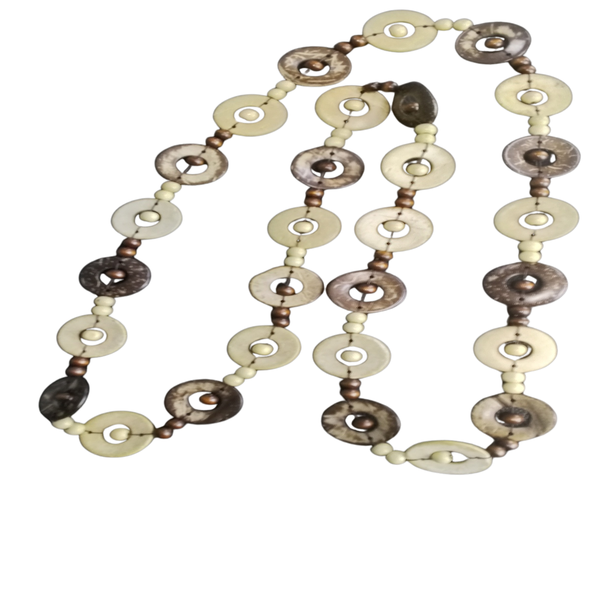 Handmade necklace with off‑white and brown wooden beads accented by coconut shell.