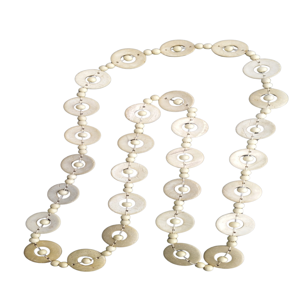 Elegant necklace with off‑white wooden beads and coconut shell accents.