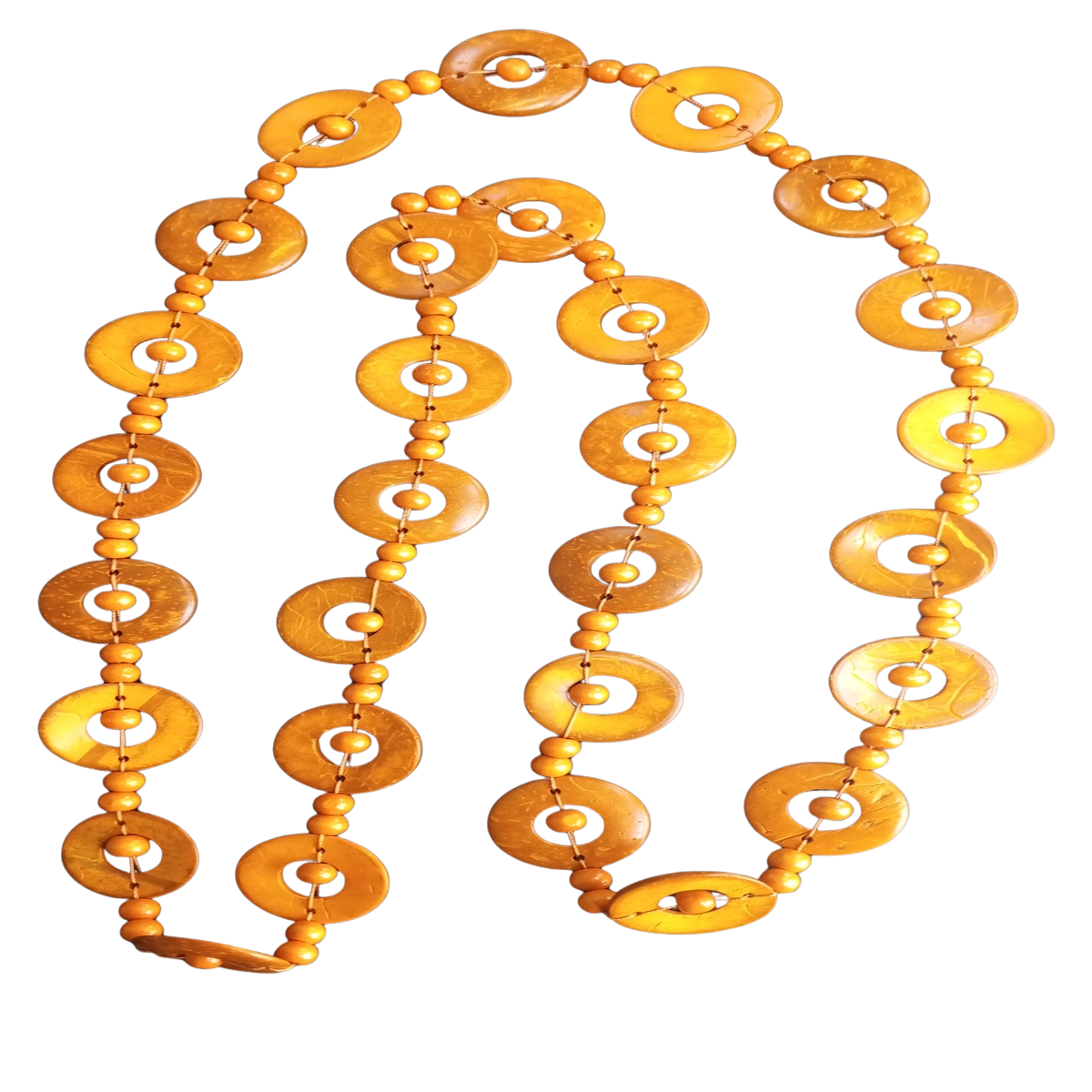 Bohemian necklace with orange wooden beads and coconut shell pieces.