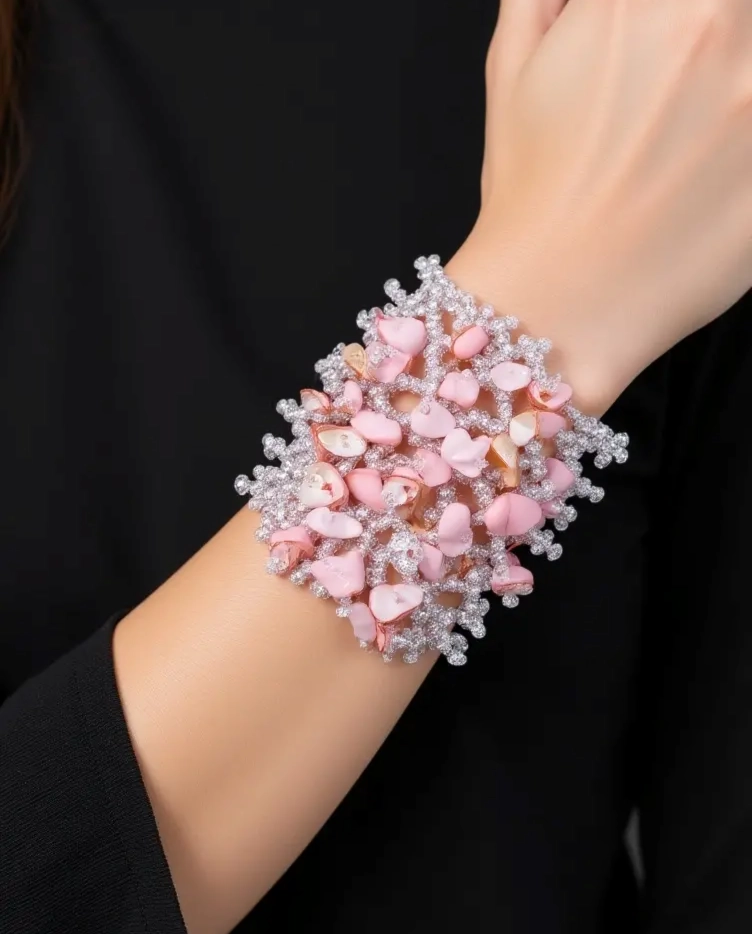 Bracelet with pink stone chips and silver bead accents.