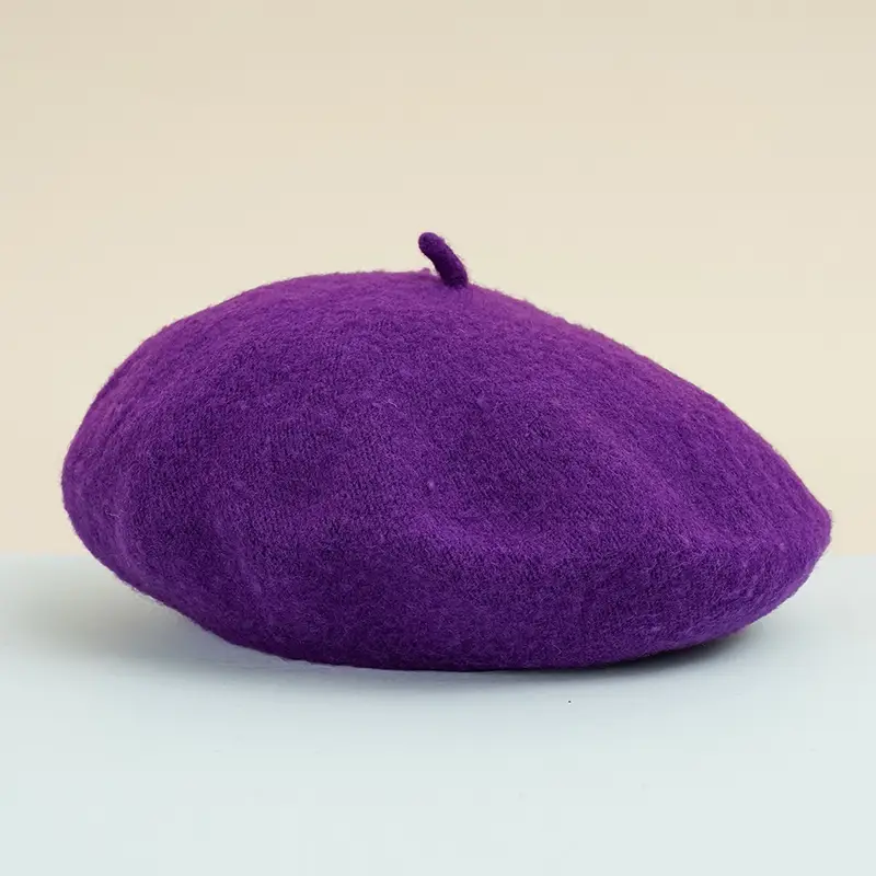 Purple wool beret hat with soft crown.