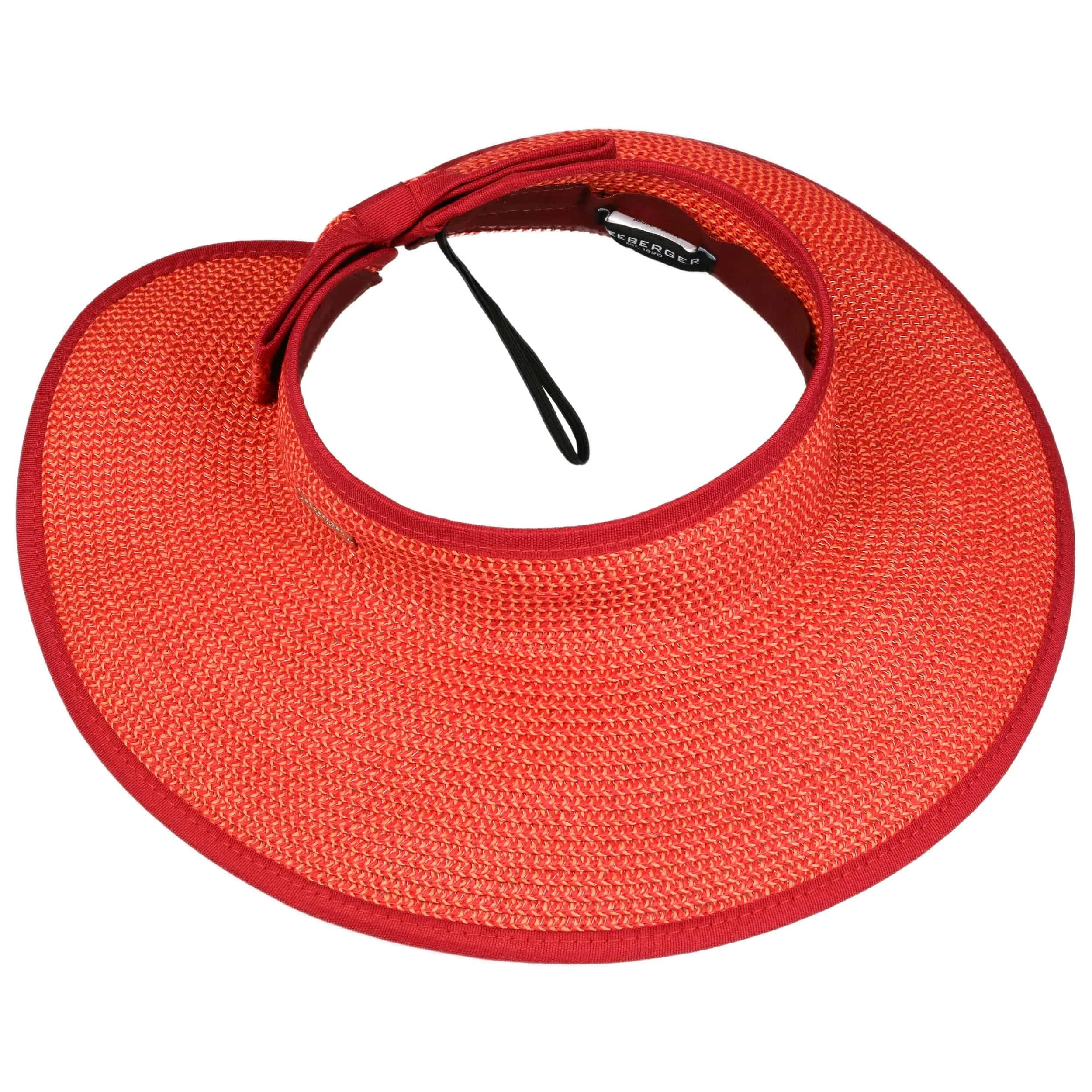 Red woven straw sun visor hat with wide brim and adjustable strap.