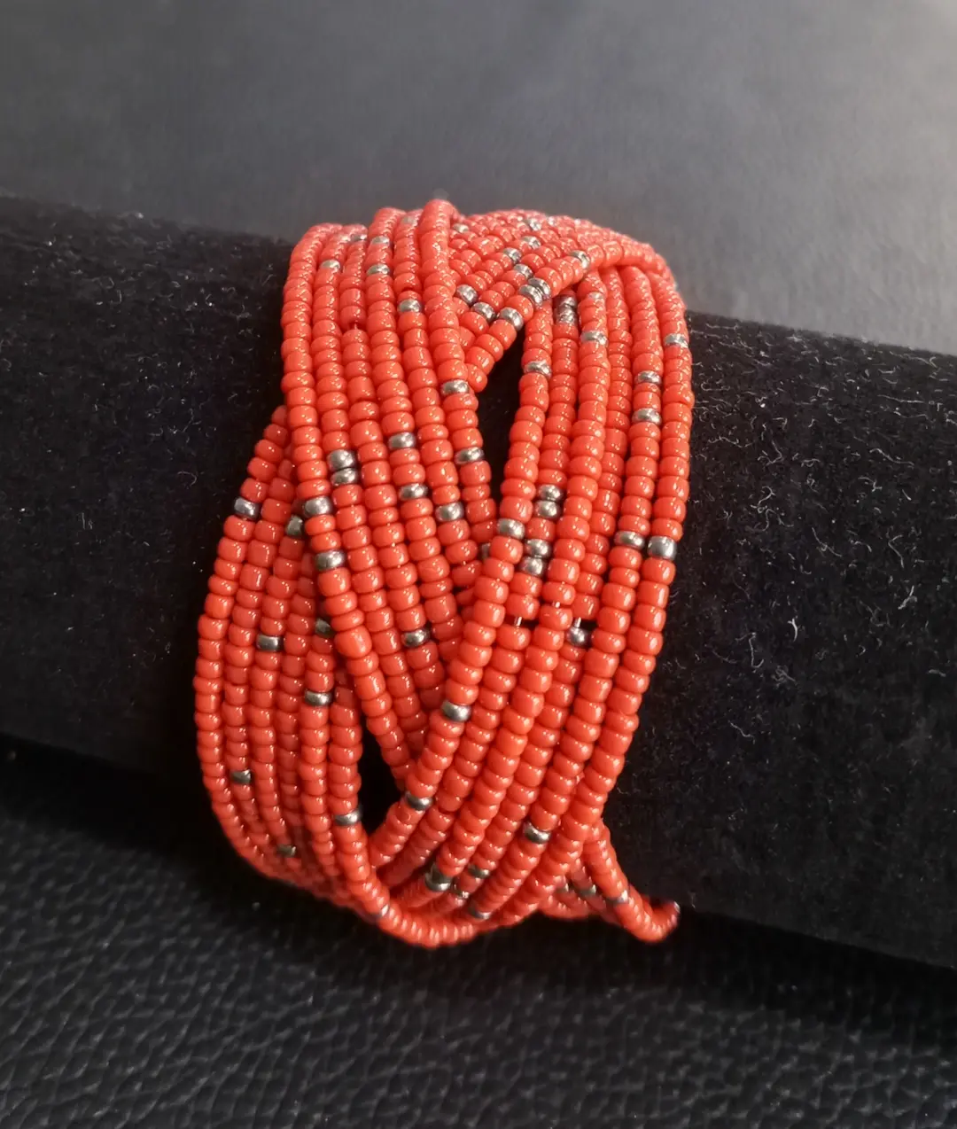 Handmade beaded cuff wrap bracelet in striking red beads.