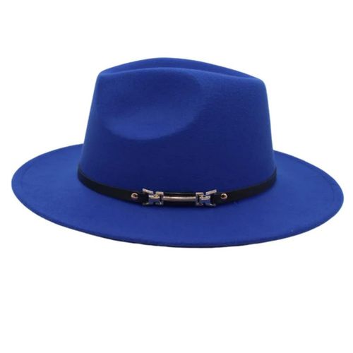 Royal blue wide‑brim fedora hat with pinched crown and black band with silver clasp.