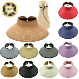 Collection of woven straw sun visors in assorted colors with adjustable straps and foldable design.