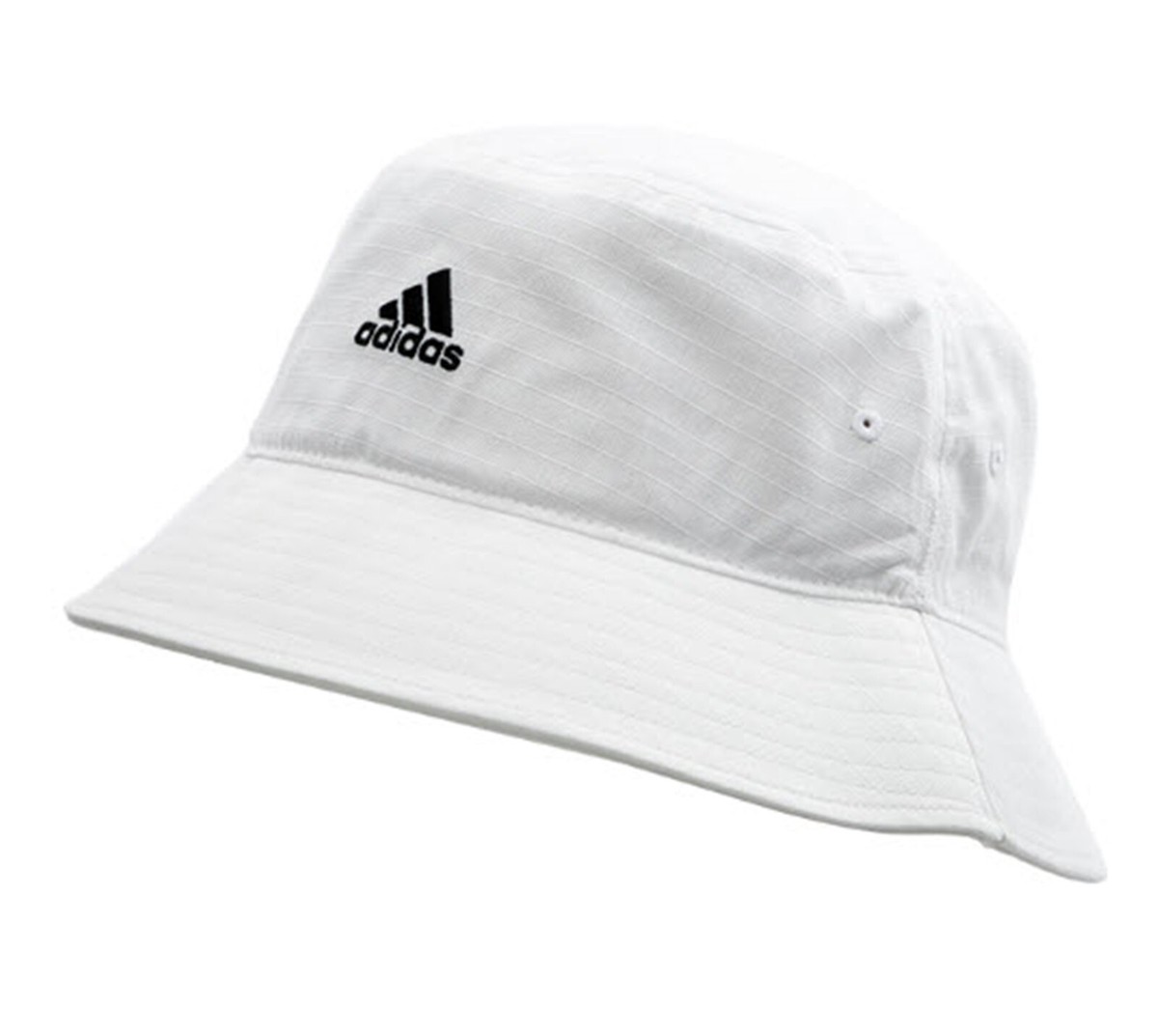 White Adidas bucket hat with black embroidered logo.