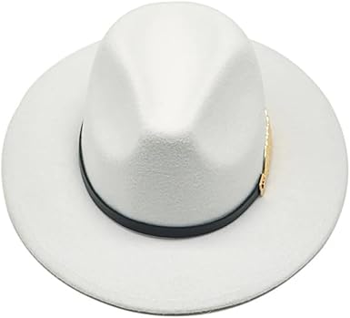 White wide‑brim fedora hat with pinched crown and black band with gold buckle detail.