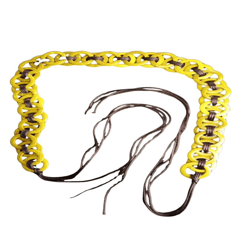 Handcrafted African belt with linked yellow wooden rings and cord ties.