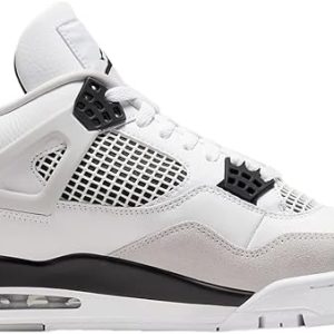 Air Jordan 4 Military Black sneaker top view with white leather upper, black lace wings, gray midsole accents, mesh panels, and Jumpman logo on tongue Nairobi Kenya.