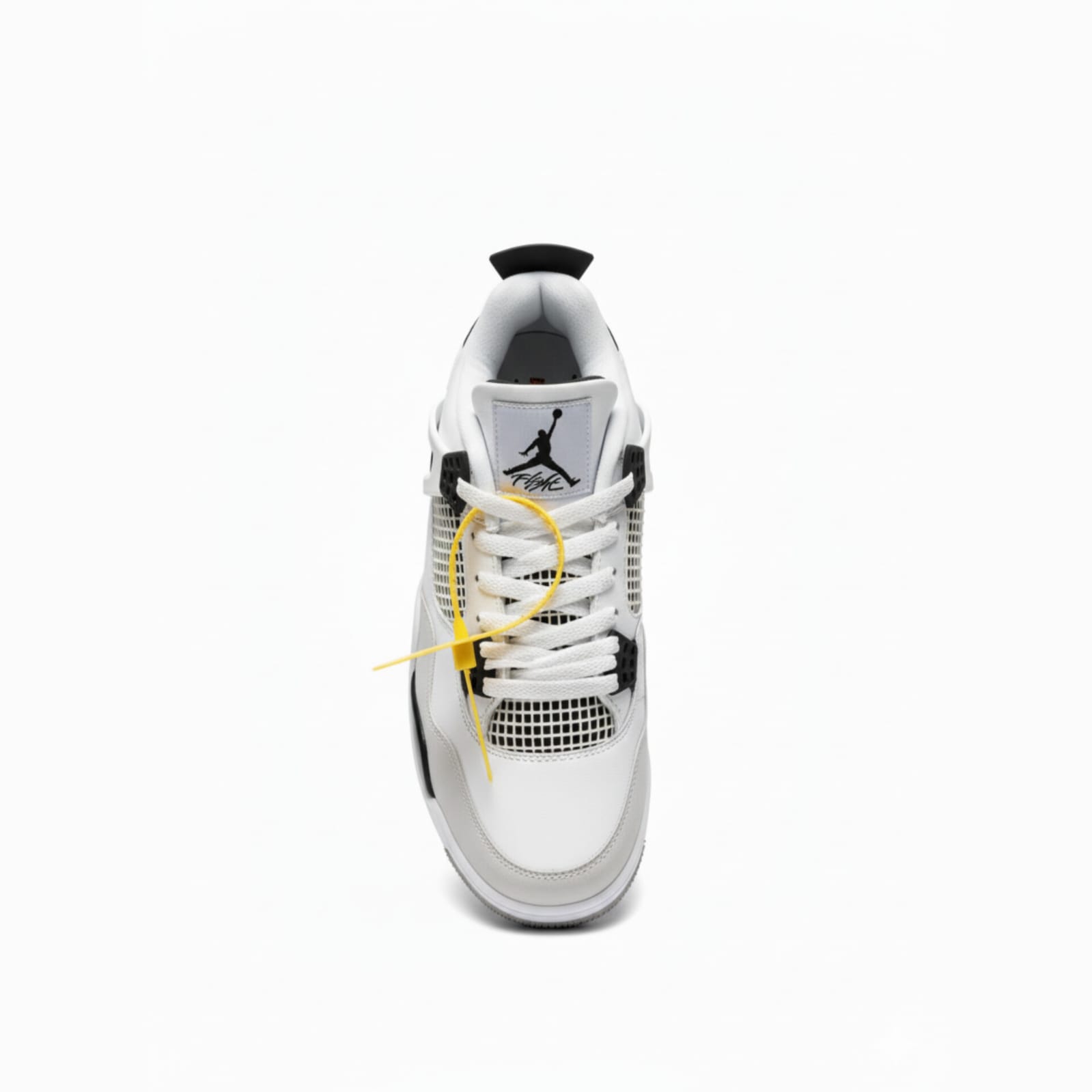 Air Jordan 4 Retro White Black Gray Premium Leather Basketball Sneaker with Mesh Panels, Lace Wings, and Iconic Jumpman Branding Nairobi Kenya Air Jordan 4 Retro White sneaker with premium leather upper, black mesh panels, gray midsole accents, lace wings, and Jumpman logo on tongue, classic basketball trainers Nairobi Kenya