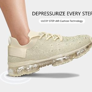 Beige mesh breathable casual sneaker with transparent air cushion sole, worn on foot, lightweight comfort trainers Nairobi Kenya.