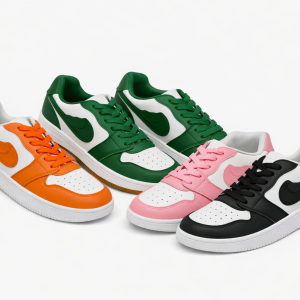 Cover image showing four pairs of casual sports sneakers in Nairobi Kenya. Variants include orange and white, green and white, pink and white, and black and white. All feature low‑top design, perforated toe box, cushioned midsoles, and swoosh branding, displayed neatly on a white background.