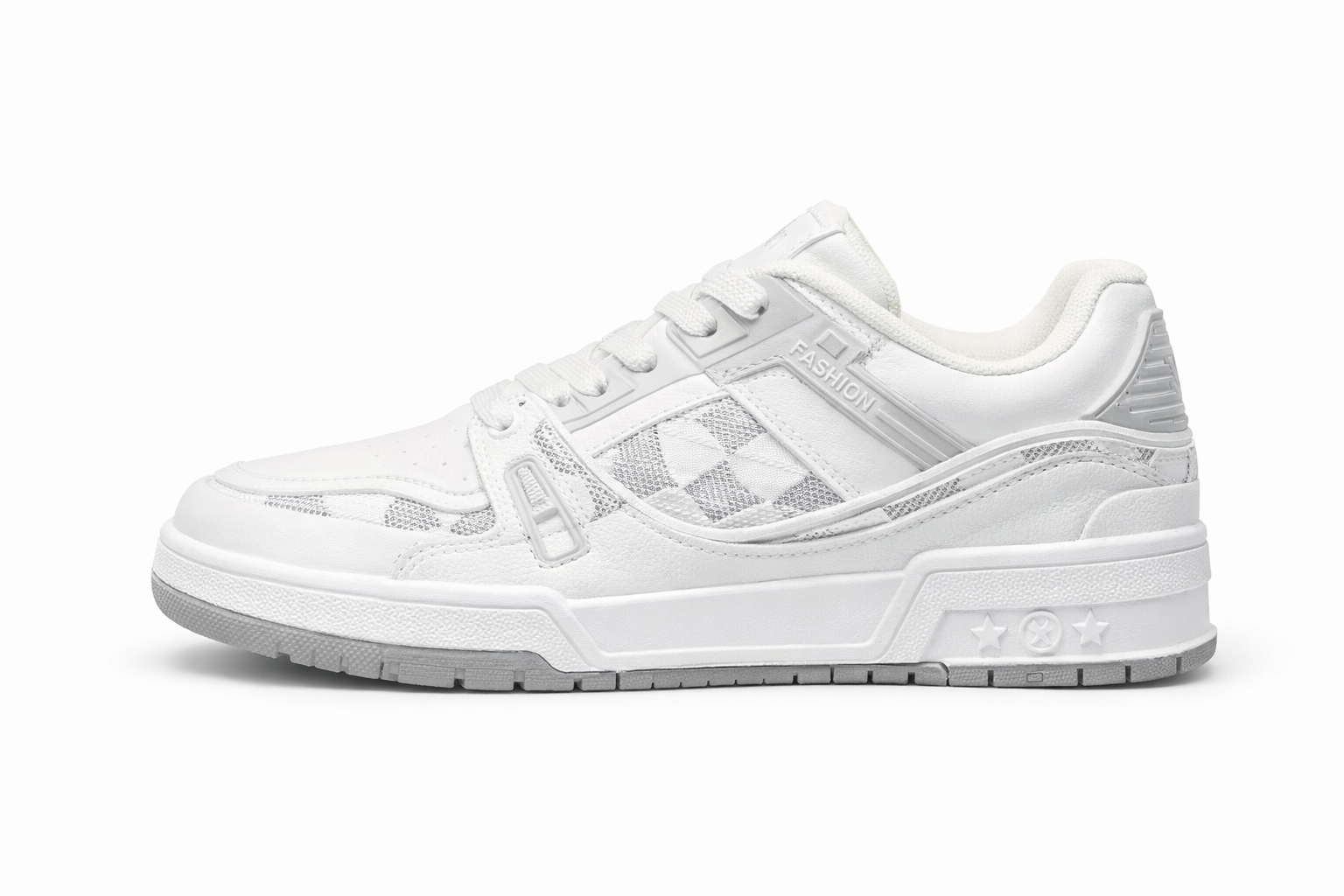 White sneaker with mesh and smooth textures, subtle checkered side panel, and embossed stars on sole.