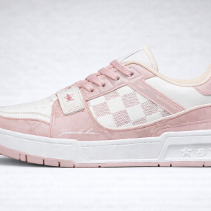 Pastel pink and white sneaker with checkerboard midsection, suede overlays, and embossed star symbols on sole