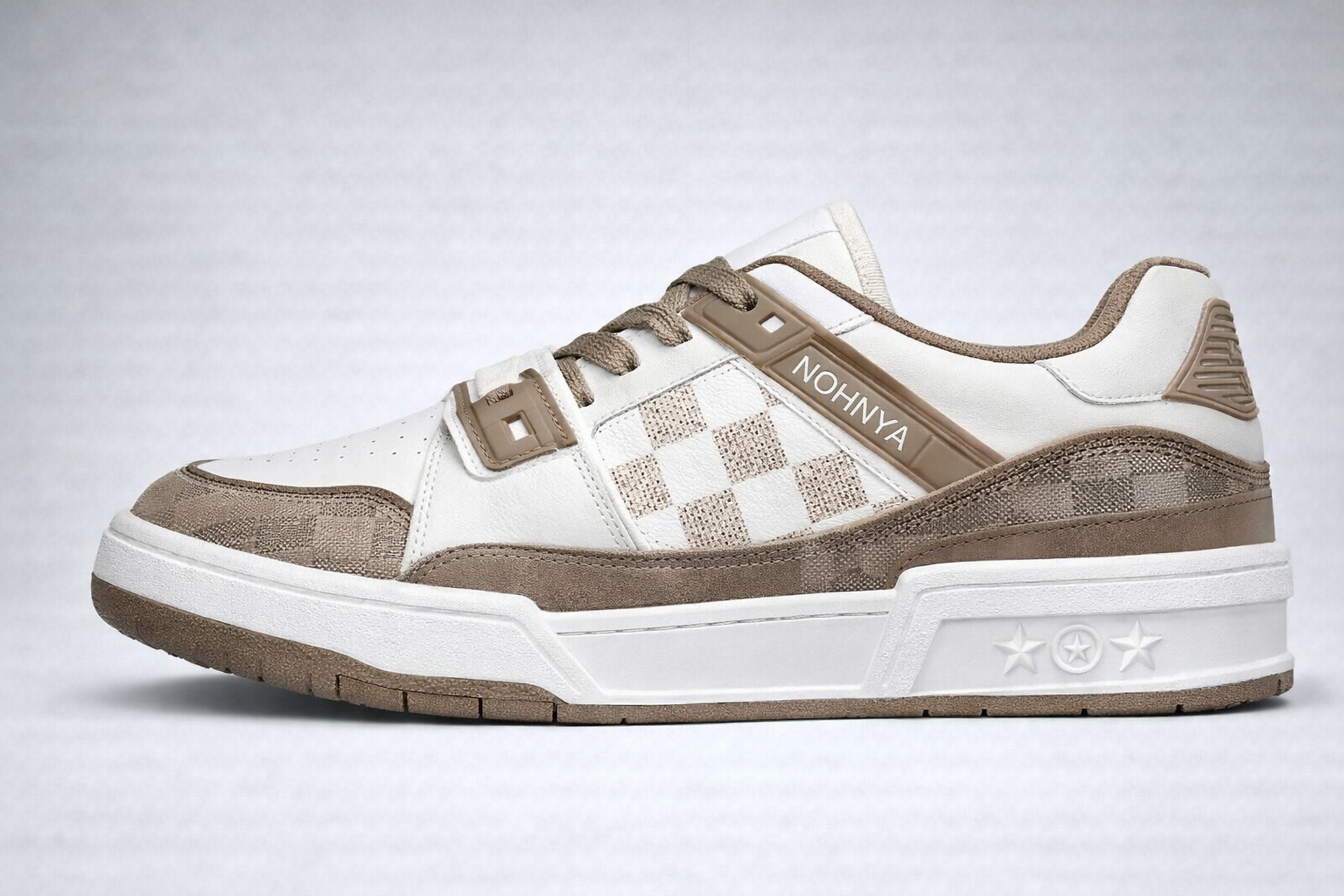 Beige and white sneaker with checkered midsection, suede overlays, and 'NOHNYA' branding strip.