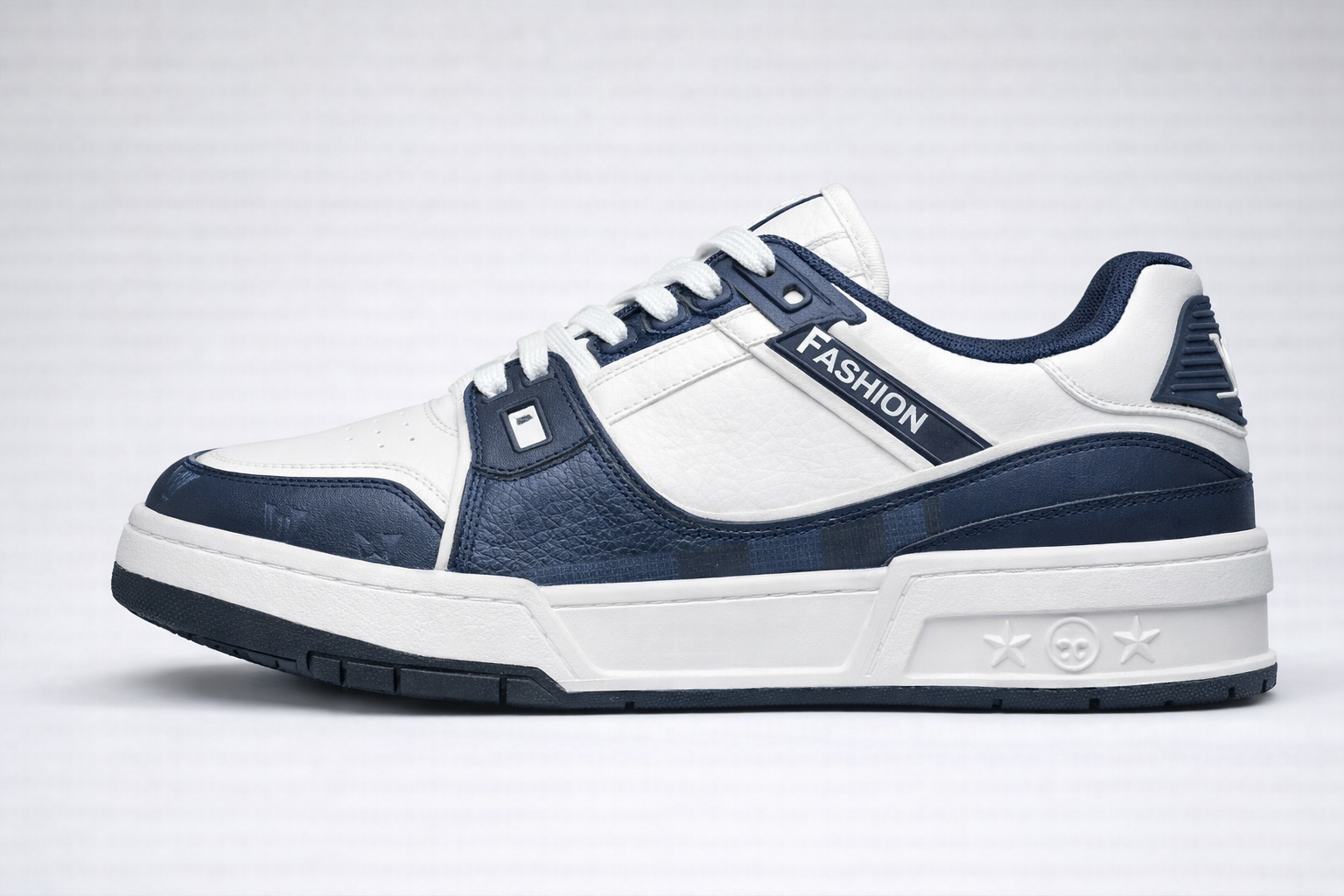 White sneaker with dark blue accents on toe, sides, heel, and sole, featuring 'FASHION' label on side strip.