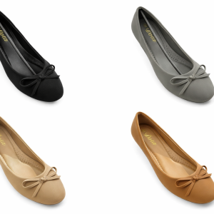 Cover image showing four pairs of Doll’s Shoe ballet flats in black, gray, beige, and tan brown, each with rounded toe and bow detail, arranged in a grid pattern.