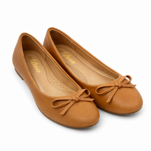 Light brown ballet flats with bow detail, leather‑like finish, and cushioned perforated insoles