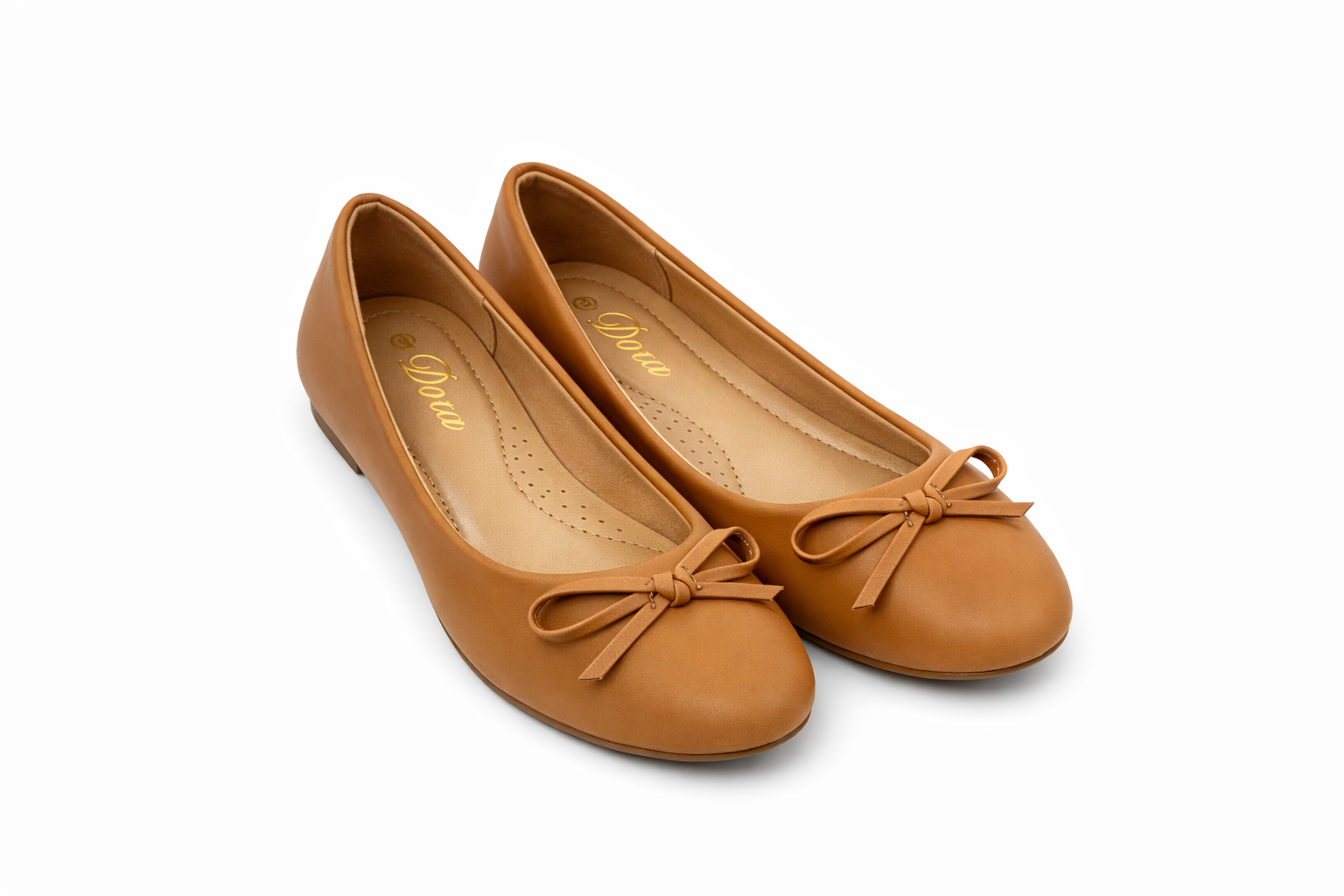 Light brown ballet flats with bow detail, leather‑like finish, and cushioned perforated insoles