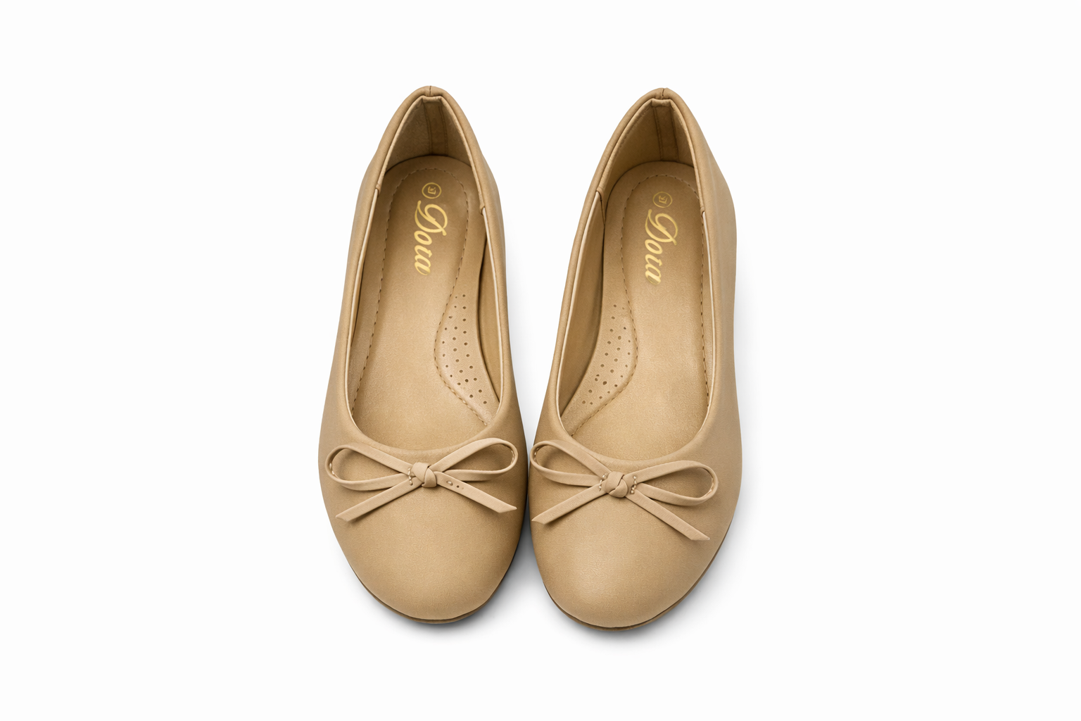 Beige ballet flats with bow detail, smooth matte finish, and perforated insoles.
